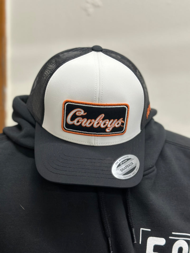 Hooey l Oklahoma State White/Black 6-Panel Trucker with Orange/White/Black "Cowboys" Rectangle Patch