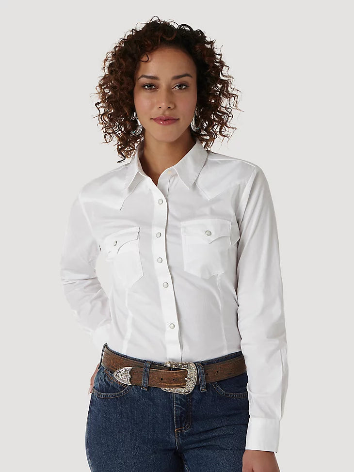 Wrangler® Women's Long Sleeve Solid White Shirt [LW1001W]