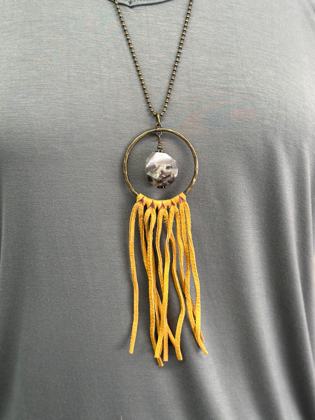 Necklace l Long Circle with Yellow Tassels + Gemstone