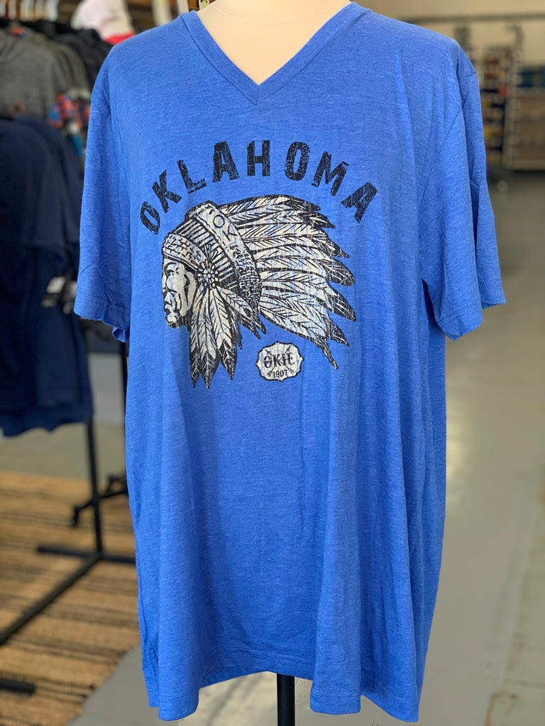 Oklahoma Indian Head Chief Tee l Royal Blue V-Neck