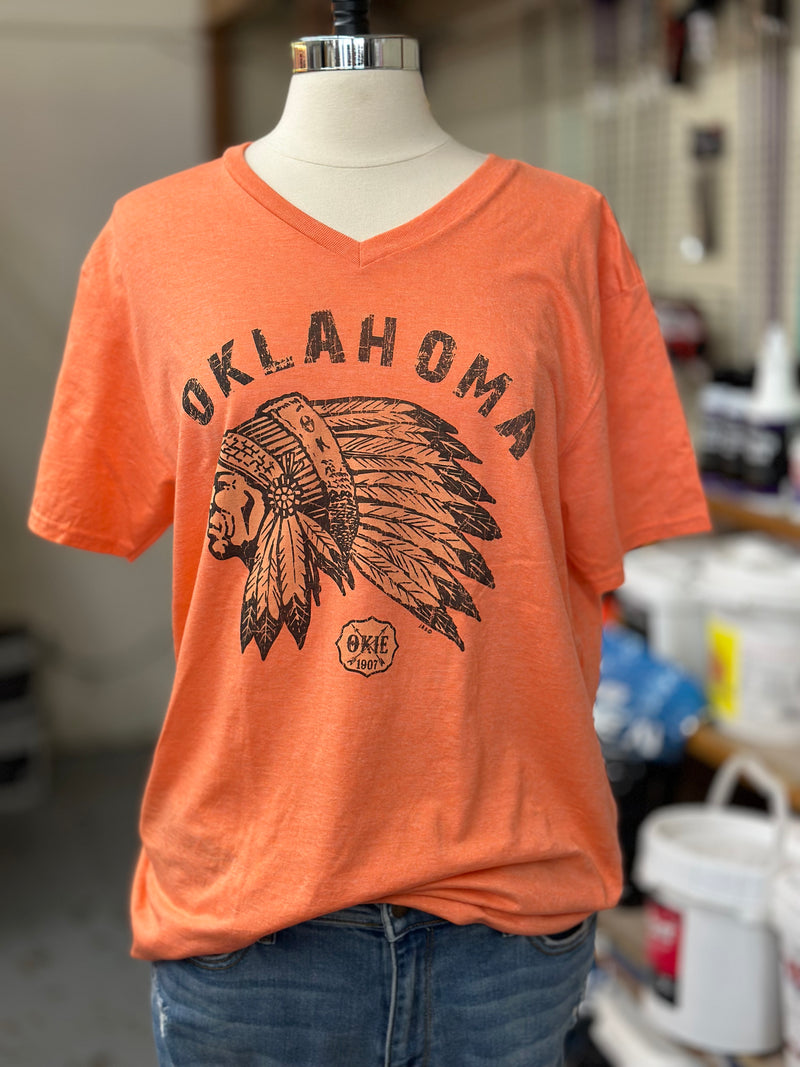 Oklahoma Indian Head Chief Tee l Heather Orange V-Neck