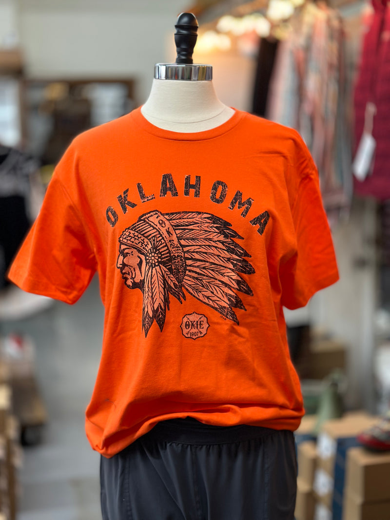 Oklahoma Indian Head Chief Tee l Solid Orange Crew Neck