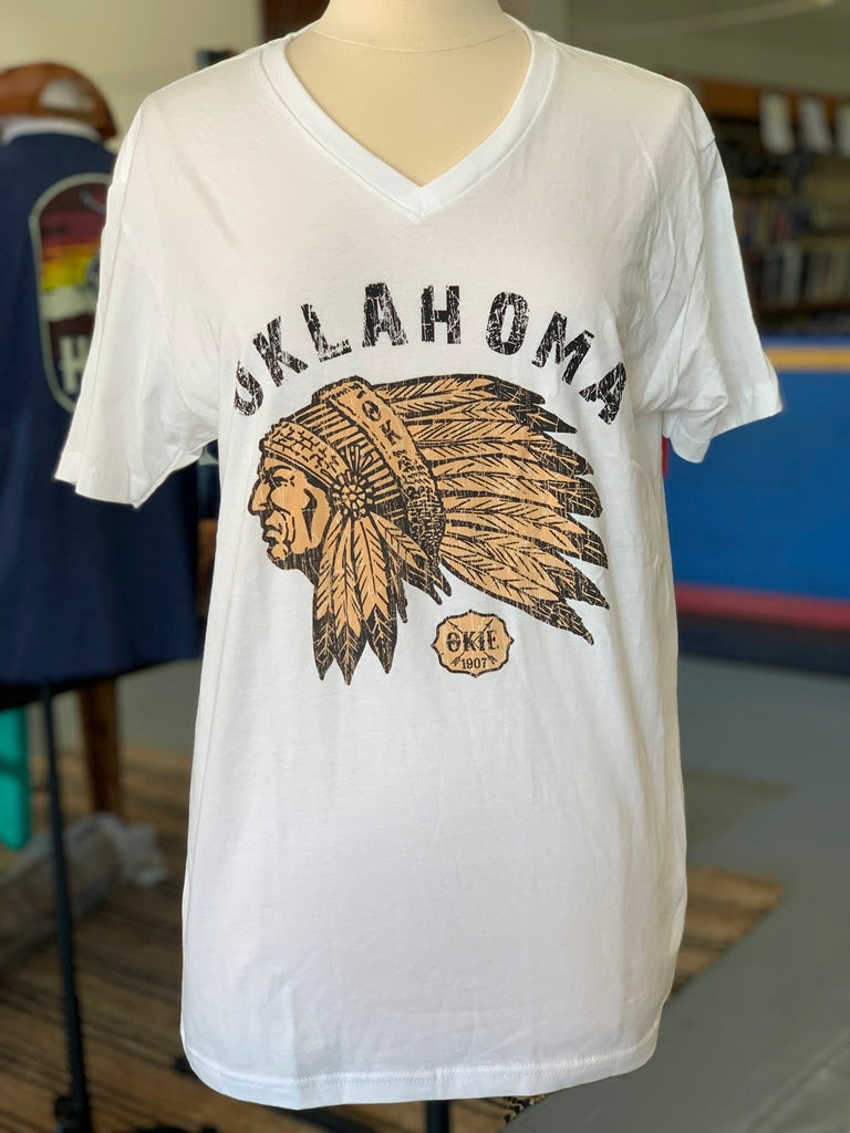 Oklahoma Indian Head Chief Tee l White V-Neck