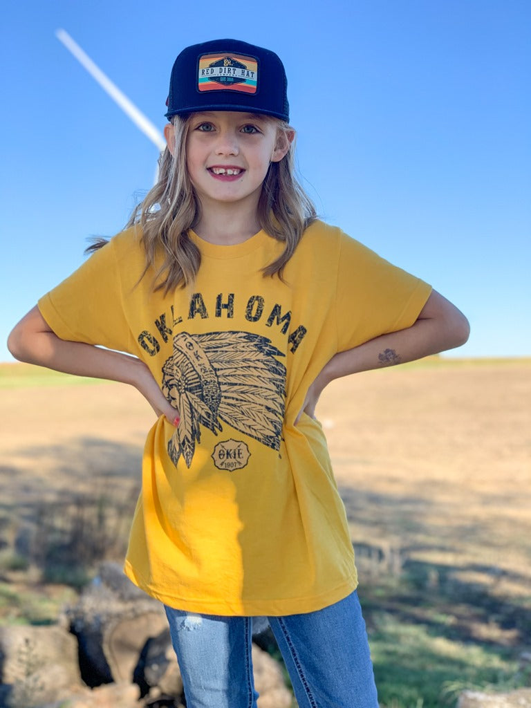 Youth l Oklahoma Indian Head Chief Tee l Yellow Gold Crew Neck