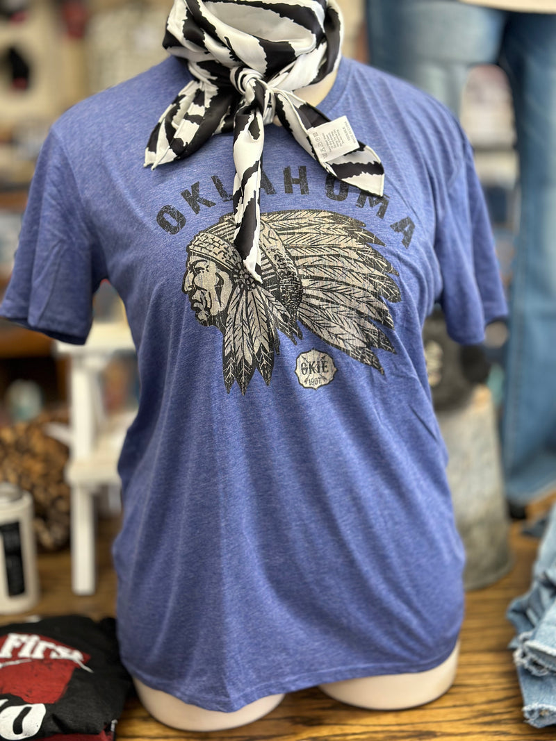 Oklahoma Indian Head Chief Tee l Heather Navy V-Neck Tee